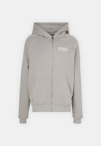 Sivi zip-up hoodie s prednjim žepom, rebrastimi manžetami in robom ter besedilom "PEQUS" natisnjenim v beli barvi na prsih. Gladka tekstura tkanine.