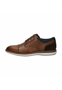 Braunes Leder-Schuhwerk mit glatter Oberfläche, geschnürtem Design, dunkler brauner Wildlederspitze und einer hellen Gummisohle. Verfügt über Nähdetails.
