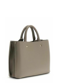 Sac à main en cuir gris avec deux poignées arrondies, accents dorés, texture lisse et forme structurée. Présente un design minimaliste.