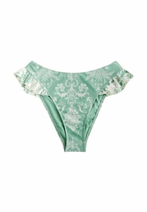 Mięta zielony dół bikini z kwiecistym wzorem, z falbankami w białym kolorze na krawędziach oraz wyciętym fasonem. Gładka tekstura materiału.