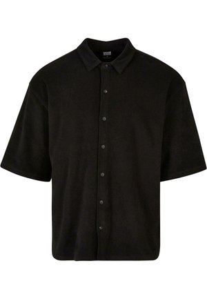 Zwarte korte mouwen shirt van zachte stof, met een kraag en zes knopen aan de voorkant, ontworpen met een relaxte pasvorm.
