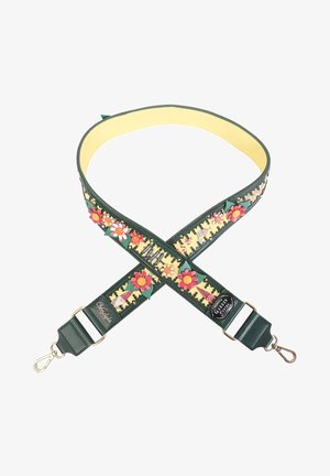 Tracolla regolabile per borsa con bordi verde scuro, centro giallo, applicazioni floreali rosa e arancioni, e ganci a moschettone argentati a entrambi i lati.