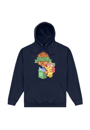 Granatowy hoodie z przednią kieszenią, regulowanym kapturem na sznurku oraz kolorową grafiką promującą recykling z radosnymi postaciami i tekstem.