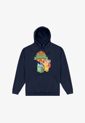 Granatowy hoodie z przednią kieszenią, regulowanym kapturem na sznurku oraz kolorową grafiką promującą recykling z radosnymi postaciami i tekstem.