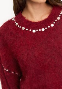 Pull en peluche rouge avec un col rond orné de strass argentés et transparents le long du col et des manches.