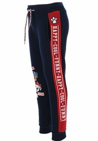 Marineblaue Sweatpants mit rotem Seitenstreifen. Mit weißem Drucktext: "HAPPY-COOL-FUNNY." Enthält verspielte Cartoon-Charaktergrafiken. Weicher Stoff.