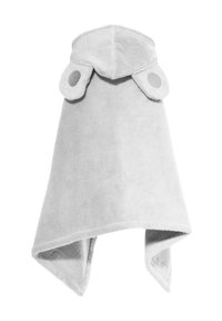 Poncho in pile grigio con cappuccio, dotato di orecchie arrotondate e due accentuazioni circolari vicino all'area del mento. Texture morbida e forma triangolare.