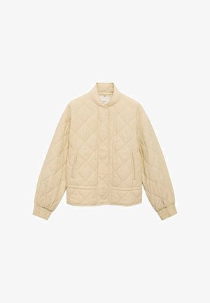 Prošívaná bunda v světlé béžové barvě s stojáčkovým límcem, elastickými manžetami a dvěma předními kapsami. Materiál zdobí diamantový vzor.