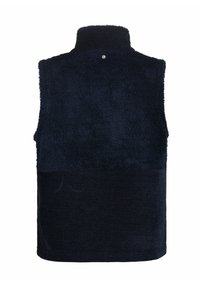 Fleece vest in donker marineblauw met een hoge kraag en gestructureerde stof. De achterkant heeft een klein logo op de nek en een effen onderstuk.
