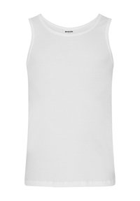 Hvid bomulds tanktop med ribbet tekstur, rund halsudskæring og brede skulderstropper. Ingen mønstre eller detaljer; enkel, klassisk design.