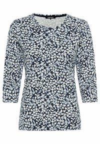 Langärmliges Oberteil in Marineblau mit floralem Muster in Hellblau und Weiß. Weicher Stoff mit rundem Ausschnitt und normaler Passform.