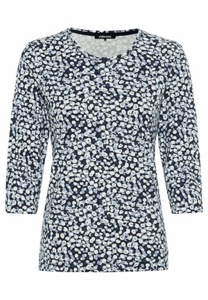 Langärmliges Oberteil in Marineblau mit floralem Muster in Hellblau und Weiß. Weicher Stoff mit rundem Ausschnitt und normaler Passform.