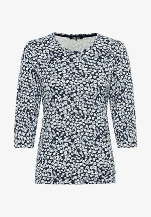 T-shirt à manches longues bleu marine avec un motif floral en bleu clair et blanc. Tissu doux avec un col rond et une coupe standard.