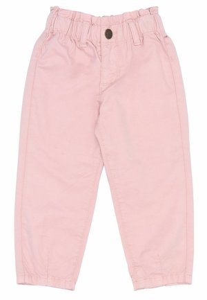 Helle rosa Baumwollhose mit einem elastischen Bund, einem vorderen Knopfverschluss und gerafften Bündchen. Glatte Textur, lässige Passform.