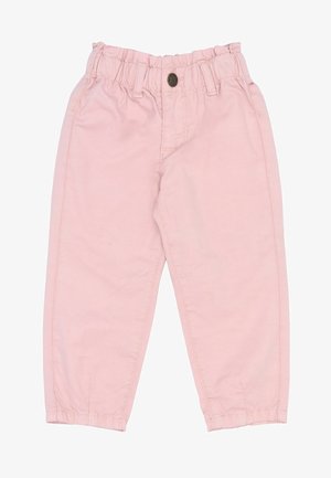 Jasnoróżowe bawełniane spodnie z elastycznym pasem, z przodu na guzik i zebranymi mankietami. Gładka tekstura, luźny krój.