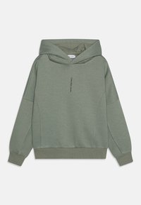 Felpa verde realizzata in materiale morbido, con logo frontale, maniche lunghe, cappuccio con cordoncino e polsini e orlo a coste.