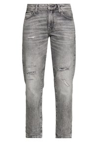 Vaqueros de denim gris con un acabado desgastado, que presentan detalles desgastados, corte recto y diseño clásico de cinco bolsillos.