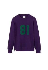 Sudadera morada de mezcla de algodón, con el número "81" en fieltro verde cosido en la parte delantera y puños y dobladillo acanalados.
