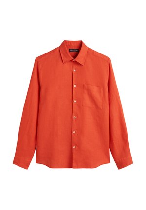 Red linen long-sleeve shirt with a pointed collar, button front, and single chest pocket. Features a relaxed fit and smooth texture.