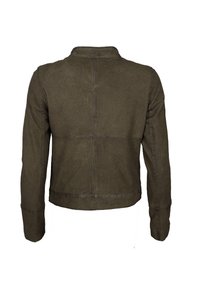 Olijfgroen jack met een gestructureerd oppervlak, slim fit ontwerp, ronde kraag en lange mouwen. Heeft panelen met details op de rug.