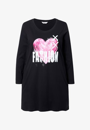 Black long-sleeve dress featuring a pink heart graphic and "FASHION" text in bold white letters. Soft material with a relaxed fit.