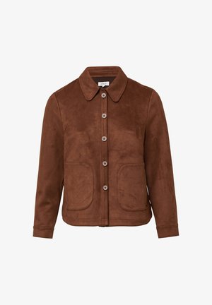 Giacca in suede marrone con colletto, chiusura a cinque bottoni e due tasche a toppa frontali. Tessuto testurizzato con una finitura liscia.