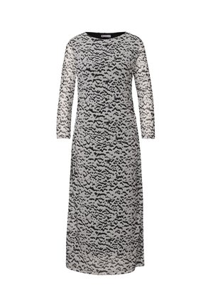 Langes, schwarz-weiß gemustertes Kleid mit 3/4 Ärmeln, aus leichtem Stoff, mit lockerer Passform und rundem Ausschnitt.