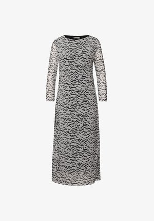 Langes, schwarz-weiß gemustertes Kleid mit 3/4 Ärmeln, aus leichtem Stoff, mit lockerer Passform und rundem Ausschnitt.