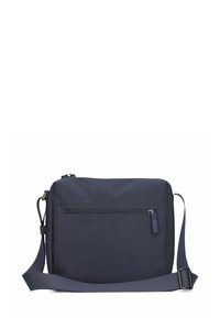Borsa messaggera navy con texture in tessuto morbido, tracolla regolabile, tasca frontale con zip e design minimalista. Adatta per l'uso quotidiano.