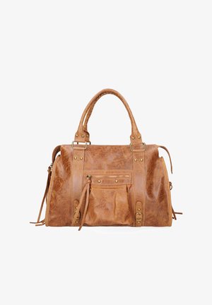 Borsa da viaggio in ecopelle color testa di moro con manici doppi, tasca frontale con zip e dettagli in ottone; presenta una superficie testurizzata e spallacci regolabili.