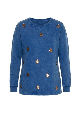Blauer Langarm-Sweatshirt mit rundem Halsausschnitt, verziert mit verstreuten goldenen und bronzefarbenen Pailletten in Tropfenform.