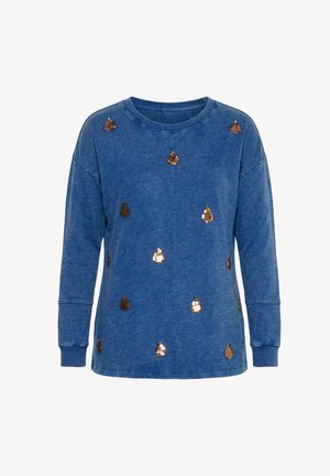 Niebieska bluza z długim rękawem i okrągłym dekoltem, ozdobiona rozproszonymi złotymi i miedzianymi cekinowymi kroplami.