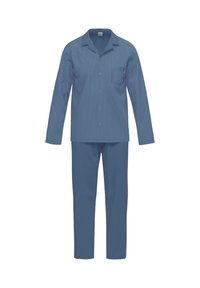 Pitkähihaiset siniset pyjama-asut, joissa on hienovarainen geometrinen kuvio yläosassa ja yksiväriset siniset housut valkoista taustaa vasten.