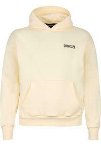 Jasnożółta bluza z kapturem z miękkiego materiału, z przednią kieszenią, ściągaczami przy mankietach oraz czarnym logo "DROPSIZE" na klatce piersiowej.