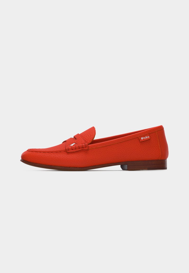 Red leather loafer with wooden sole and small Polo brand tag on the side, displayed on a white background.