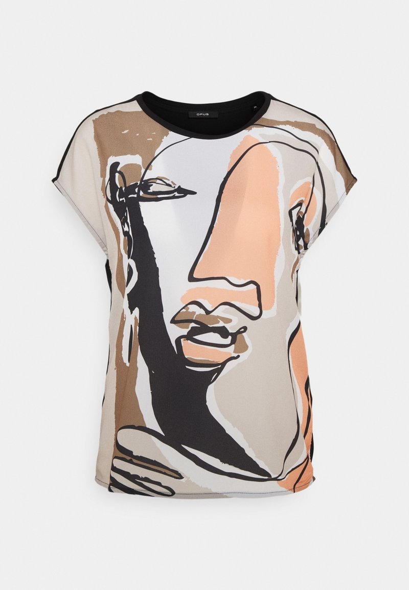 Blouse à manches courtes en tissu léger présentant un design de visage abstrait dans des nuances neutres de beige, marron et noir, avec un col noir.