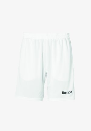 Weiße Sportshorts mit einem elastischen Bund und einem schwarzen "Kempa"-Logo auf der unteren linken Seite. Glattes, leichtes Material.