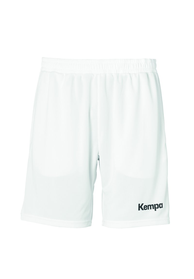 Weiße Sportshorts mit einem elastischen Bund und einem schwarzen "Kempa"-Logo auf der unteren linken Seite. Glattes, leichtes Material.