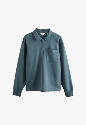Teal sweatshirt met een ritskraag, lange mouwen en een borstzak. Gemaakt van zachte stof met ribgebreide manchetten en een relaxed fit.