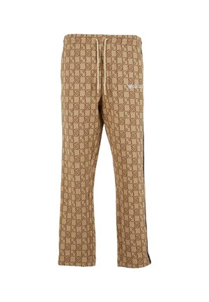 Brown patterned sweatpants featuring a drawstring waist and stripes down the sides, with a logo detail on the front.