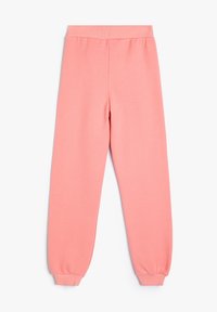 Lyserøde sweatpants lavet af blødt stof, med en ribbet talje og elastiske manchetter for en komfortabel pasform.