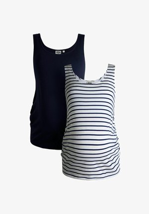 Dvě těhotenská tílka: jedno tmavě modré, jedno bílé s tmavě modrými pruhy. Obě mají kulatý výstřih a na bocích řasené švy pro úpravu velikosti.