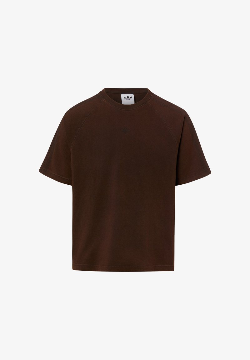 Unisex dunkelbraunes T-Shirt mit kurzen Ärmeln, Rundhalsausschnitt und Raglanärmeln sowie einem kleinen tonalen Logo zentriert unter dem Halsausschnitt.