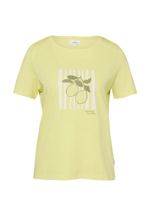 Jasnożółta koszulka z krótkim rękawem, z przodu nadruk dwóch cytryn na liściach oraz białe pionowe paski, z napisem "wyciśnij dzień."