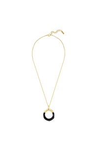 Guld halskæde med en tekstureret sort cirkulær vedhæng med en glat kant. Kæden inkluderer en lås og en forlængelse for justerbar længde.