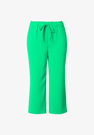 Grüne, leichte Cropped-Hosen mit einem elastischen Bund und einem dekorativen Kordelzug. Glatte Textur und taillierte Passform.