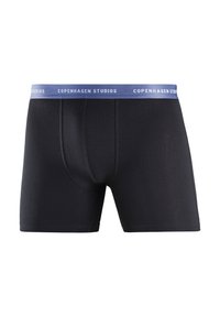Black boxer briefs made of soft cotton blend with a blue elastic waistband displaying "COPENHAGEN STUDIOS" in white text.