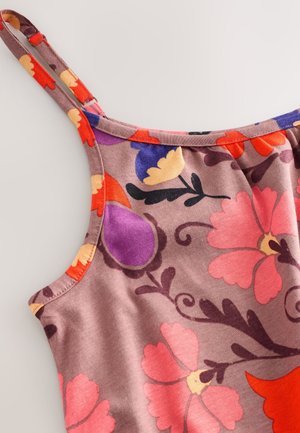 Blommig linne i ljusbrunt tyg med stora rosa, orange, lila och gula blommor, tunna justerbara band och en slät textur.