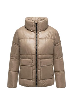 Beige puffer-jakku, jossa on korkea kaulus, etuvetoketju, kaksi suurta läpätaskua ja tikattu muotoilu, jossa on sileä ja kiiltävä pinta.