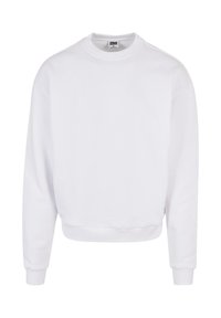Vit sweatshirt, rundhals, långa ärmar, tillverkad av mjuk bomullsblandning, ribbade ärmslut och nederkant, med en avslappnad passform och slät yta.